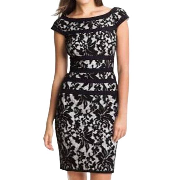 Tadashi Shoji NWT Black Lace Overlay Banded Sheath Dress 3K915M Size 6 Floral - Picture 1 of 11